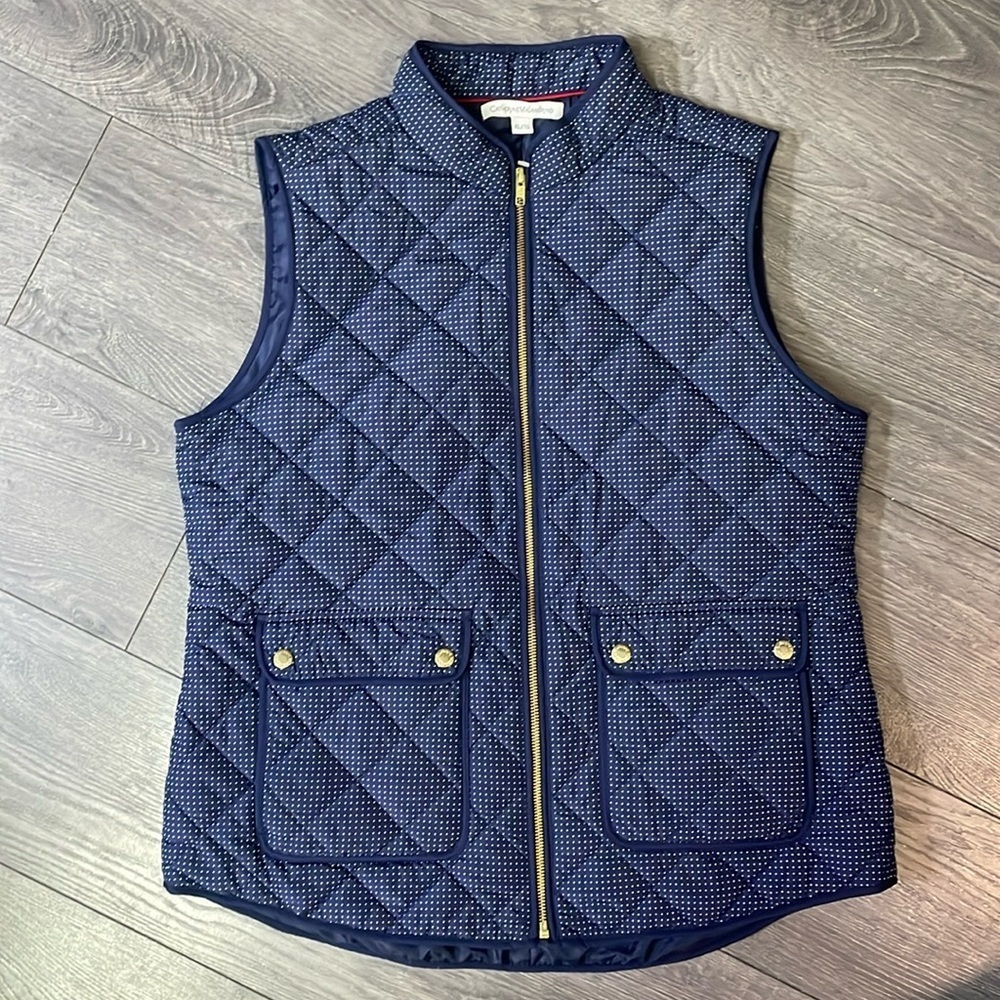 Quilted vest full zip  pockets fall winter navy blue white polka dots women XL